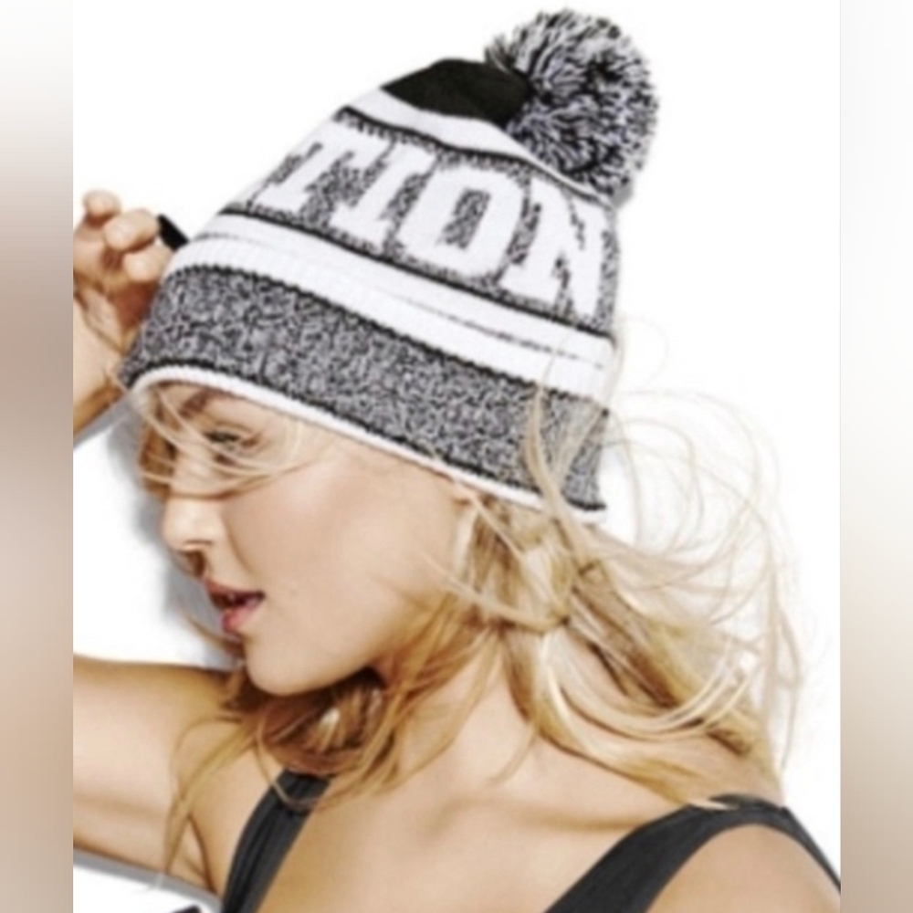VICTORIAS SECRET PINK NATION PomPom Beanie Hat OS Black White Gray NWT